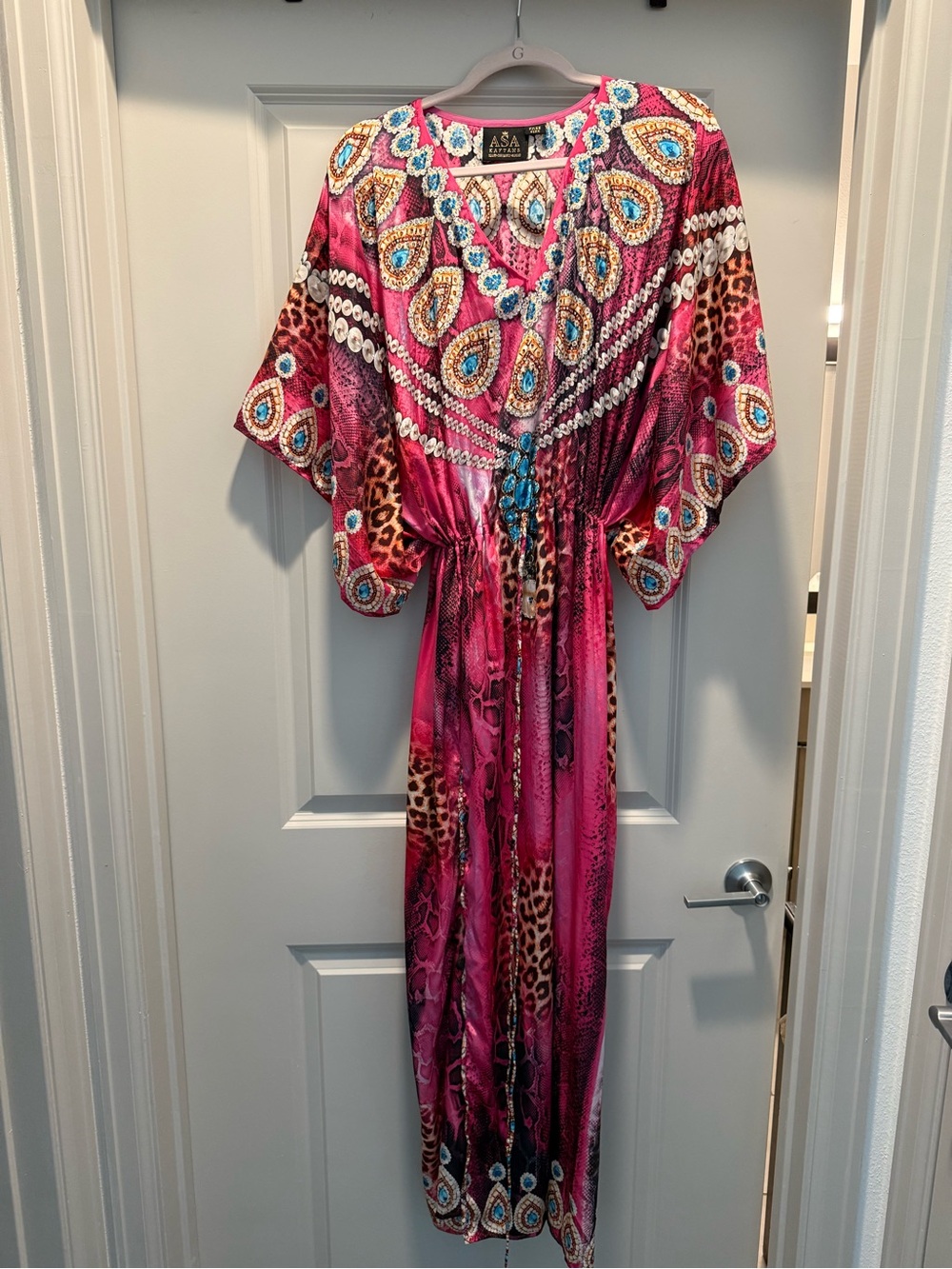 Pink Bohemian Maxi Dress with Embellished Neckline